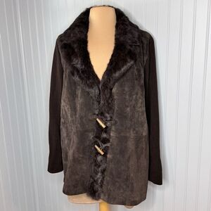 Peter Nygard 1XL Suede Leather Jacket Chocolate Real Rabbit Fur Collar Knit Lux